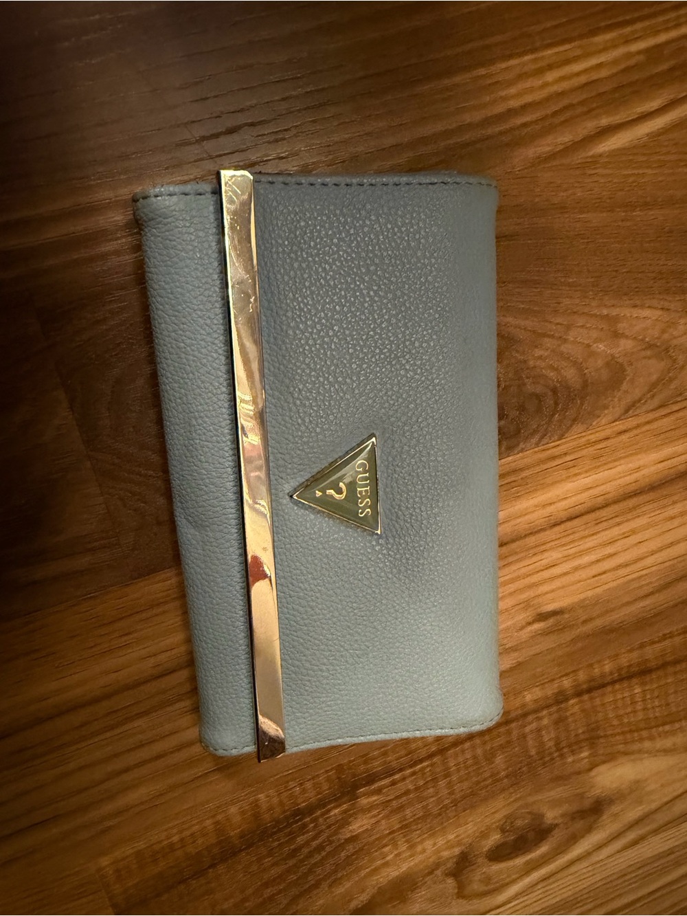 GUESS Light Blue Pebbled Leather Wallet with Gold Trim